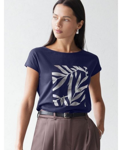 Футболка женская т.синий_листики