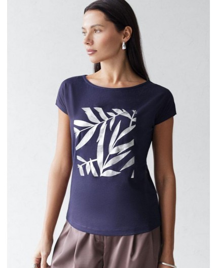 Футболка женская т.синий_листики