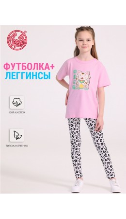 футболка+леггинсы 2ДДР5705001н; светло-розовый14+черный леопард на белом / Кот удачи