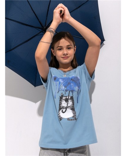 футболка 1ДДФК4512001; серо-голубой250 / Кот под зонтом