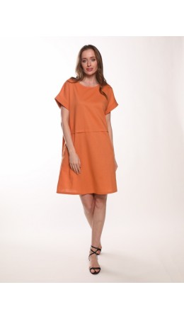 191002 Платье со складкой на поясе рукава с манжетами лен оранжевый