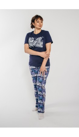 ЛГ-4346/2 Пижама женская (футболка, брюки) Цветные листья Тёмно-синий
