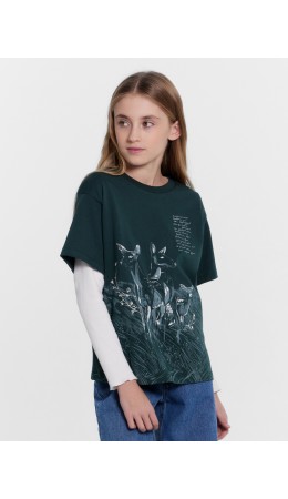 Футболка т.зеленый +печать