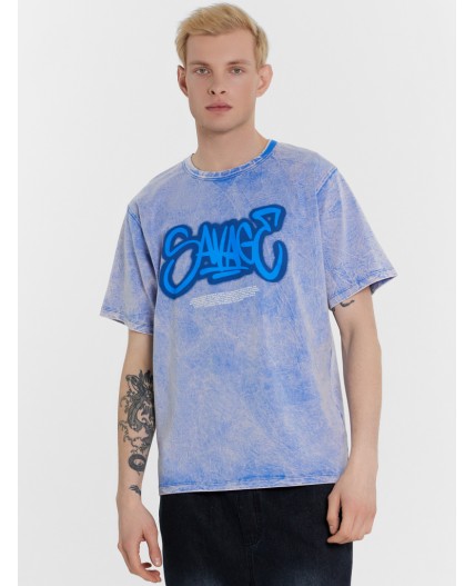 Футболка синий acid wash +печать