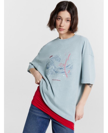 Футболка серо -синий +печать