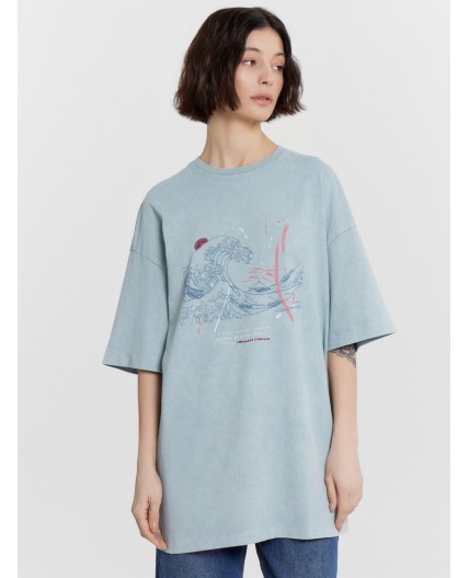 Футболка серо -синий +печать