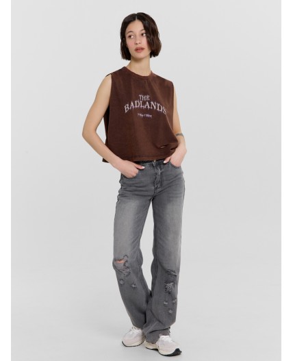 Топ коричневый acid wash +печать