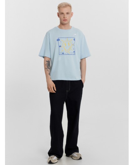 Футболка серо -голубой +печать