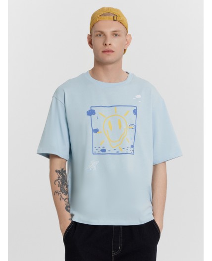 Футболка серо -голубой +печать