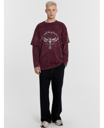 Лонгслив винный acid wash