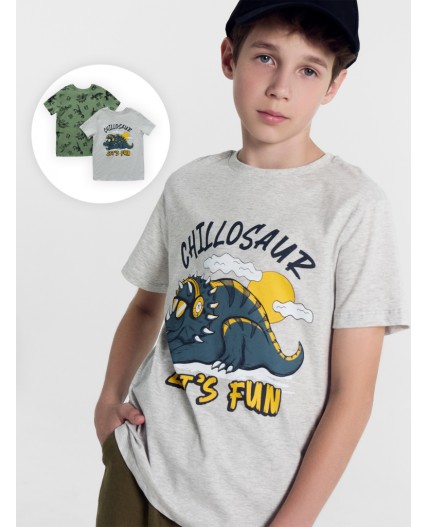 Футболка серый меланж 4306-А +динозавры на серо -зеленом