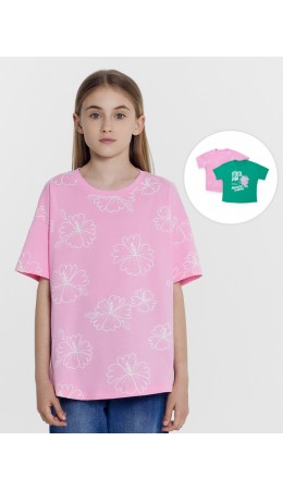 Футболка зеленый топаз +цветы на розовом