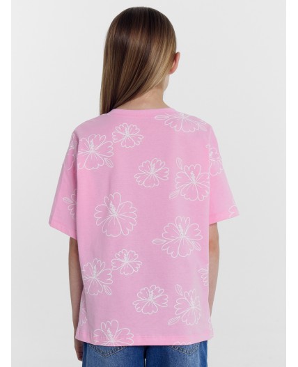 Футболка зеленый топаз +цветы на розовом