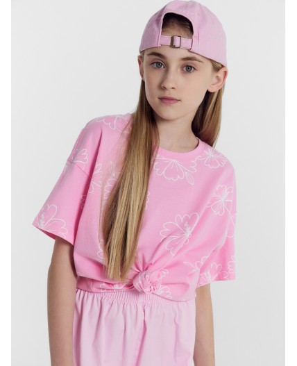 Футболка зеленый топаз +цветы на розовом