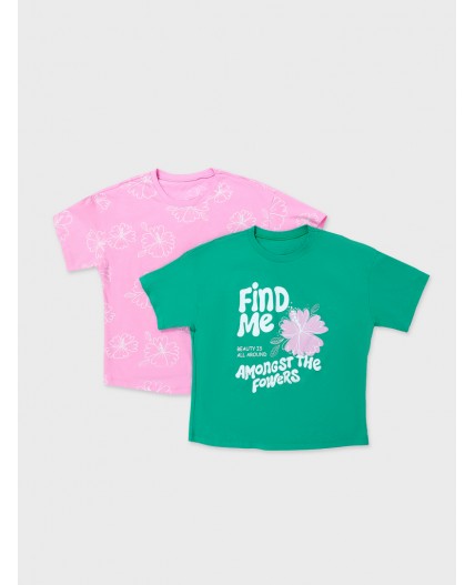 Футболка зеленый топаз +цветы на розовом