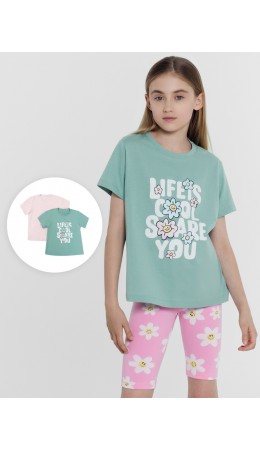 Футболка шалфей +ромашки на св.розовом