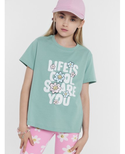 Футболка шалфей +ромашки на св.розовом