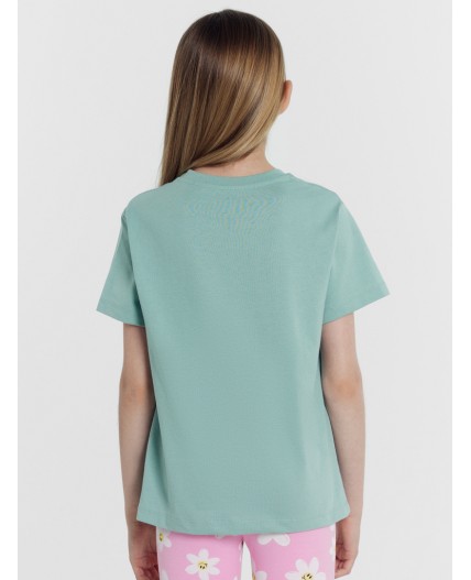 Футболка шалфей +ромашки на св.розовом