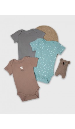 Боди имбирный +горошки на бирюзе +серый