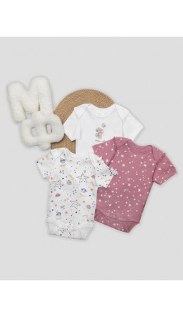 Боди белый +космос на белом +звезды на кристальной розе