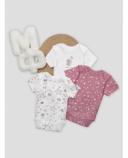 Боди белый +космос на белом +звезды на кристальной розе