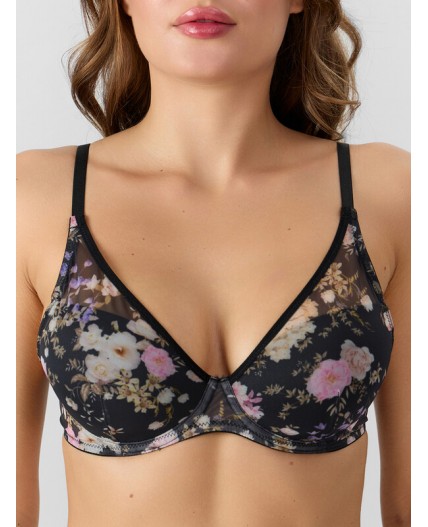 Бюстгальтер розово -бежевые цветы на черном
