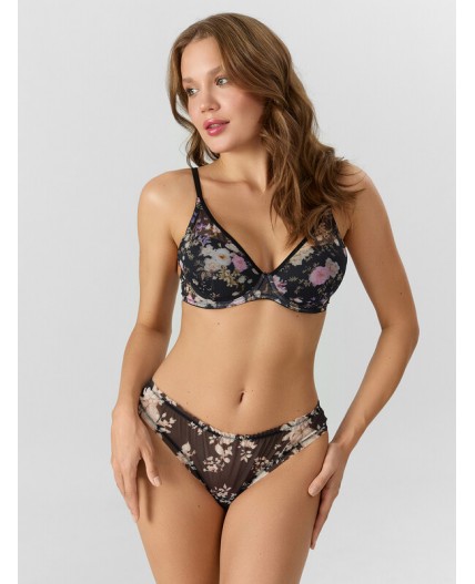 Бюстгальтер розово -бежевые цветы на черном