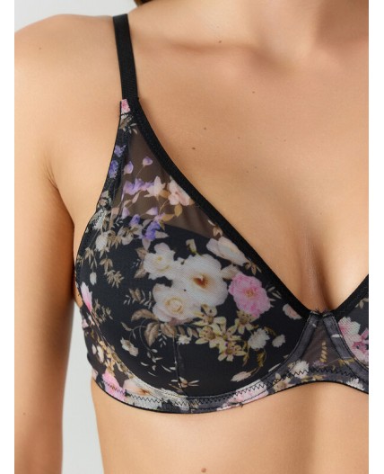 Бюстгальтер розово -бежевые цветы на черном