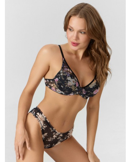 Бюстгальтер розово -бежевые цветы на черном