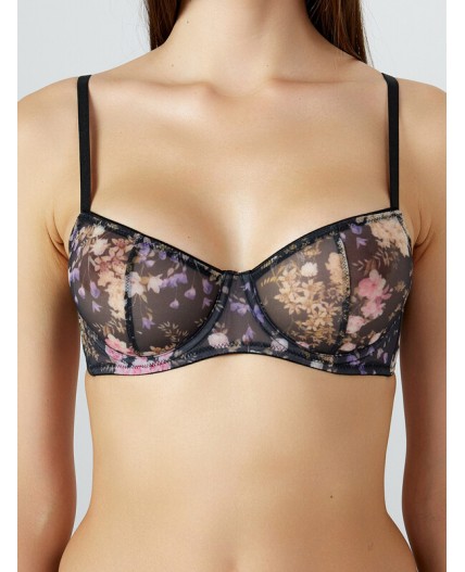 Бюстгальтер розово -бежевые цветы на черном