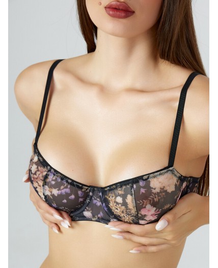 Бюстгальтер розово -бежевые цветы на черном