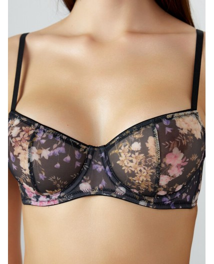 Бюстгальтер розово -бежевые цветы на черном