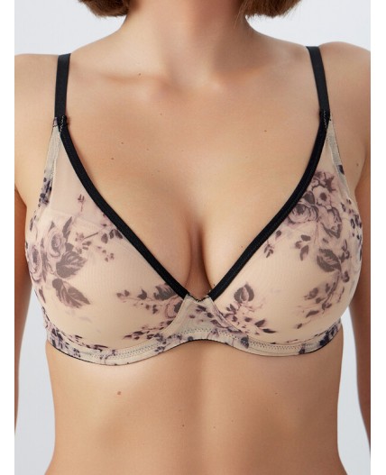 Бюстгальтер черный цветочный принт на бежевом