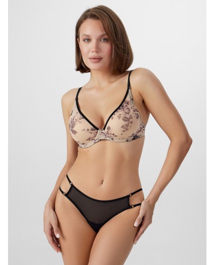 Бюстгальтер черный цветочный принт на бежевом