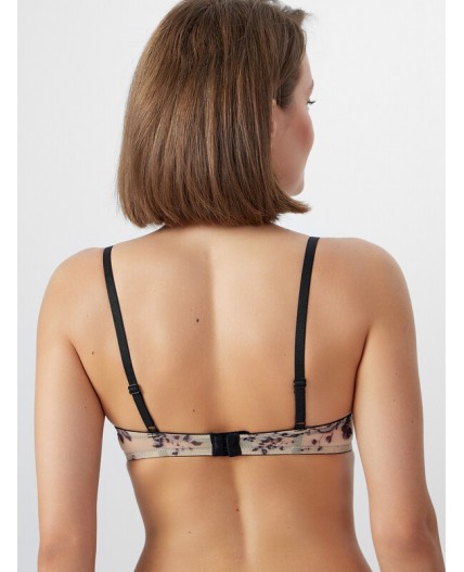 Бюстгальтер черный цветочный принт на бежевом