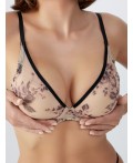 Бюстгальтер черный цветочный принт на бежевом