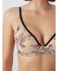 Бюстгальтер черный цветочный принт на бежевом