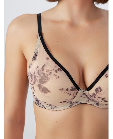Бюстгальтер черный цветочный принт на бежевом