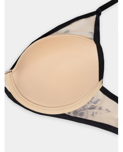 Бюстгальтер черный цветочный принт на бежевом