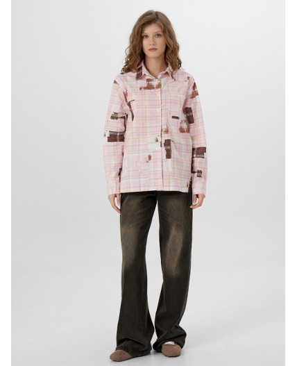 Рубашка розовая клетка из патчей