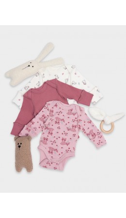 Боди зайчики на зв.белом +цветочные еноты на п.роз +дымч.роза