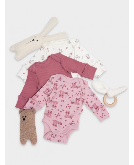 Боди зайчики на зв.белом +цветочные еноты на п.роз +дымч.роза