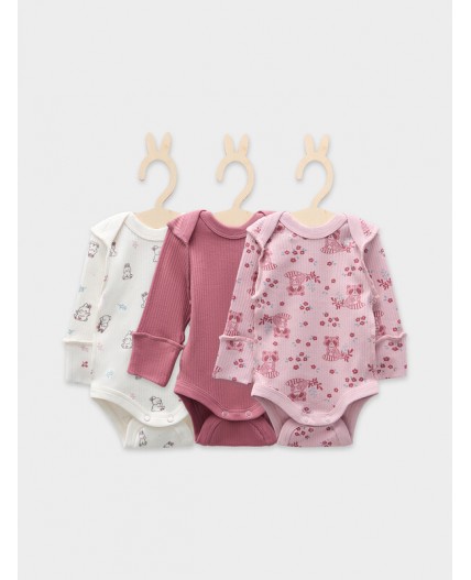 Боди зайчики на зв.белом +цветочные еноты на п.роз +дымч.роза