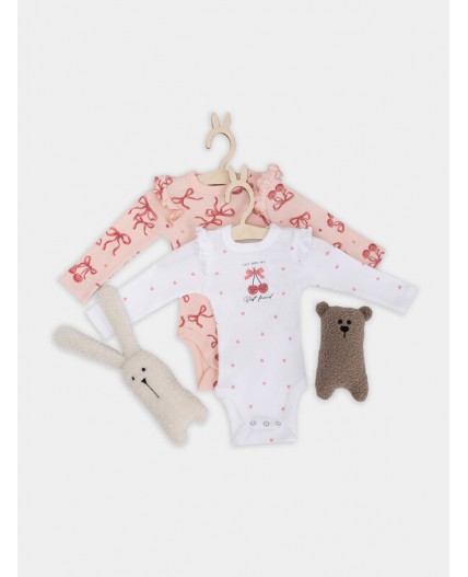 Боди сердечки на белоснежном +бантики на персике