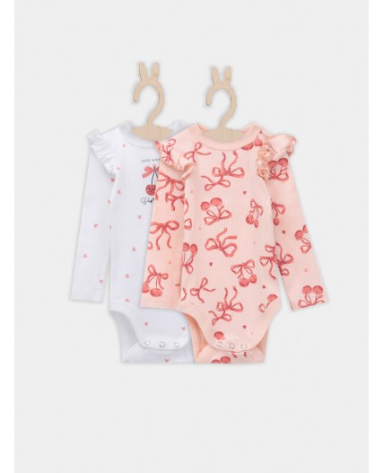 Боди сердечки на белоснежном +бантики на персике
