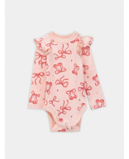 Боди сердечки на белоснежном +бантики на персике