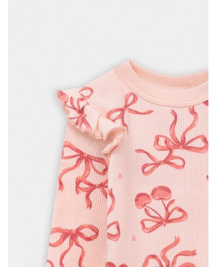 Боди сердечки на белоснежном +бантики на персике