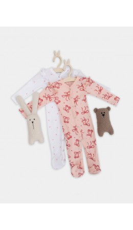 Комбинезон сердечки на белоснежном +бантики на персике