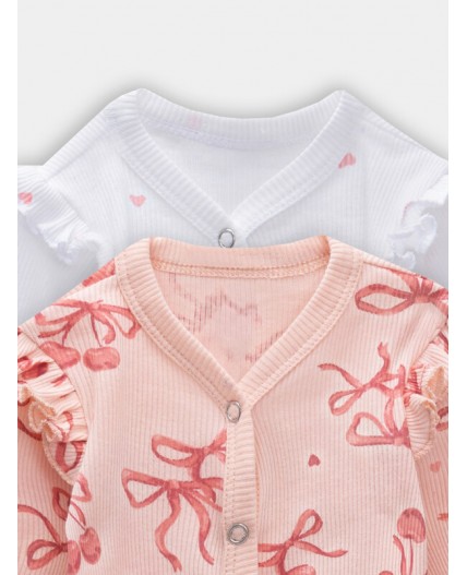 Комбинезон сердечки на белоснежном +бантики на персике