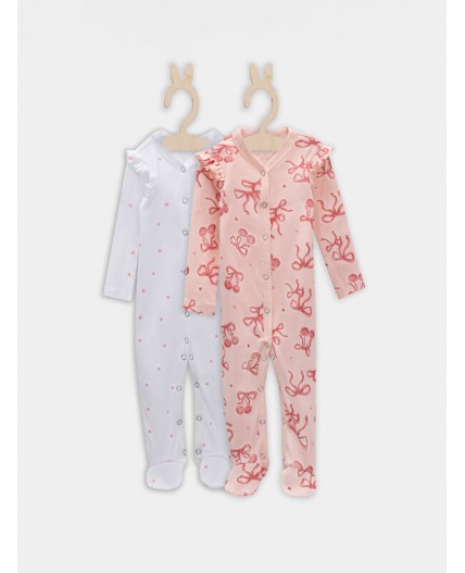 Комбинезон сердечки на белоснежном +бантики на персике